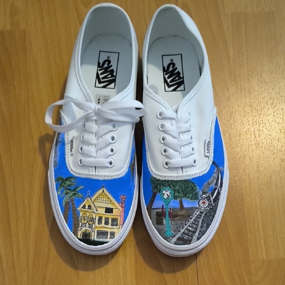 Vans Shoes - NWT Vans | White and Blue Artistic Sneakers